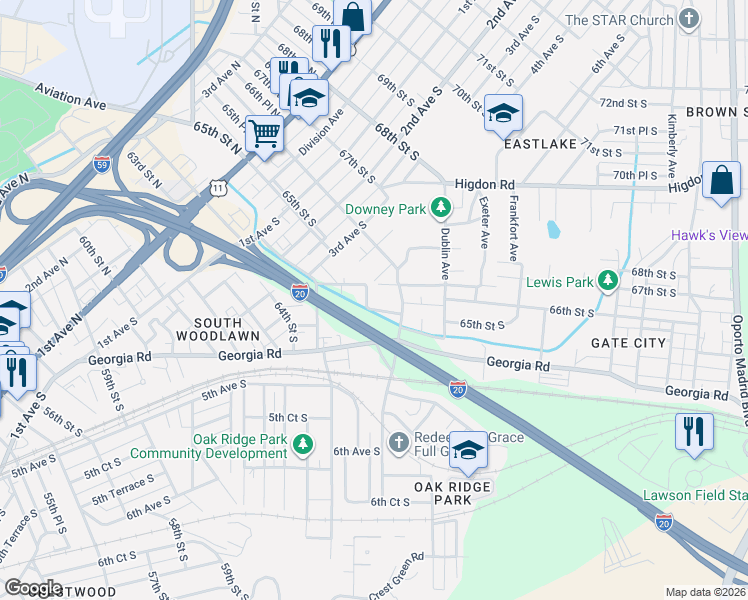 map of restaurants, bars, coffee shops, grocery stores, and more near 6520 Kentucky Avenue in Birmingham