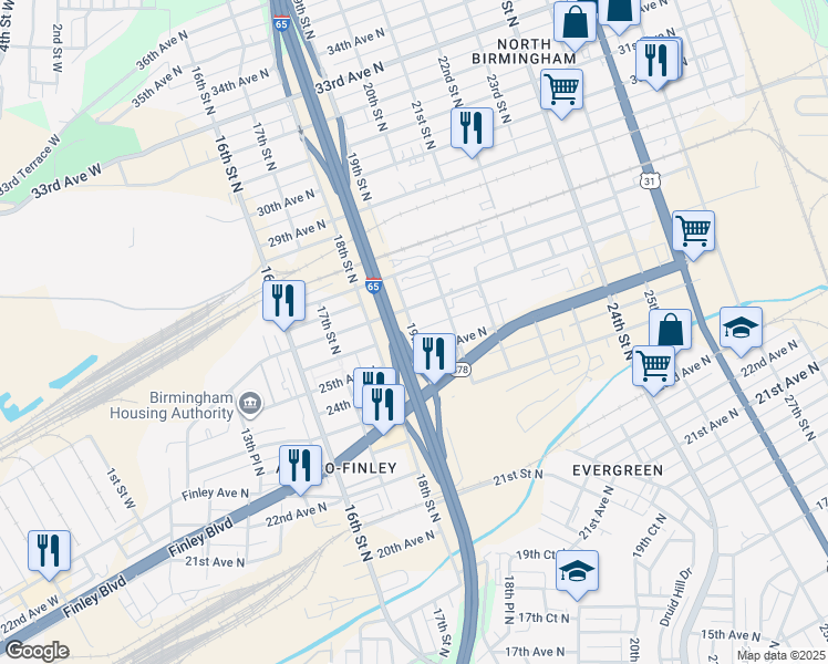 map of restaurants, bars, coffee shops, grocery stores, and more near 1901 25th Court North in Birmingham
