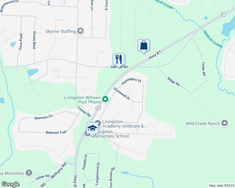 map of restaurants, bars, coffee shops, grocery stores, and more near 30 Stonewall Drive in Covington