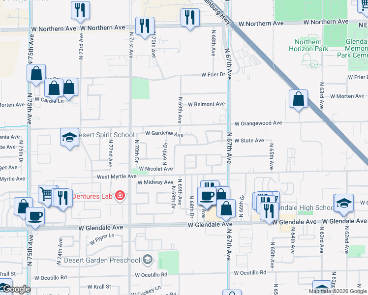 map of restaurants, bars, coffee shops, grocery stores, and more near 6853 West State Avenue in Glendale