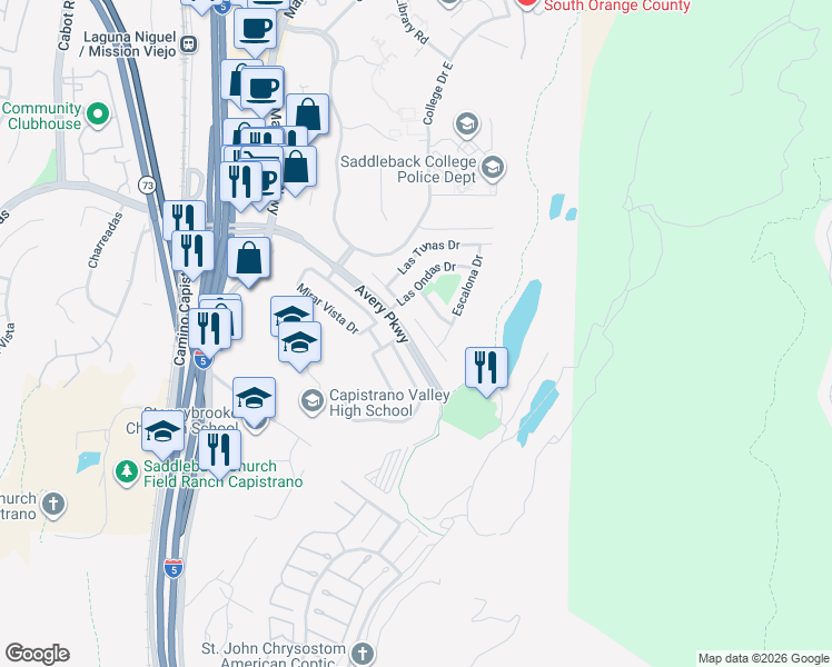 map of restaurants, bars, coffee shops, grocery stores, and more near 28841 La Lita Lane in Mission Viejo