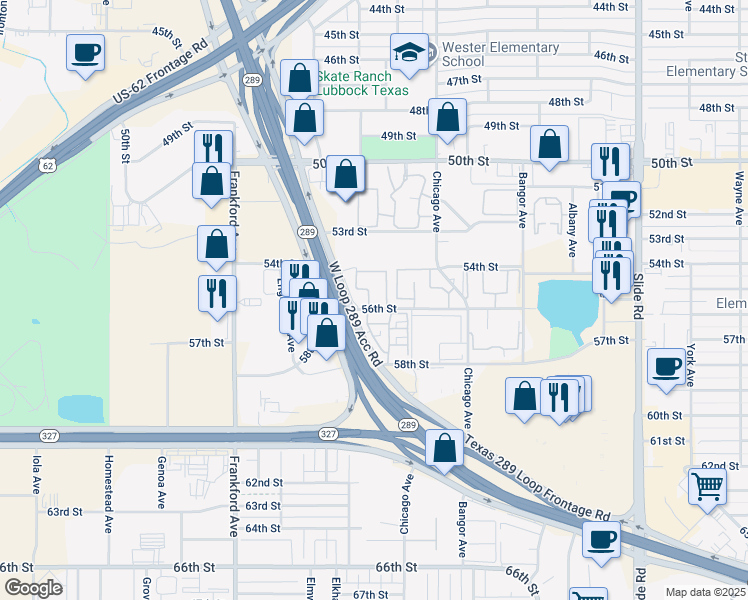map of restaurants, bars, coffee shops, grocery stores, and more near 5550 56th Street in Lubbock