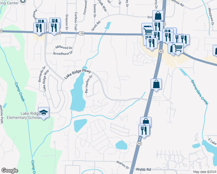 map of restaurants, bars, coffee shops, grocery stores, and more near 7750 Briar Forest Lane in Riverdale