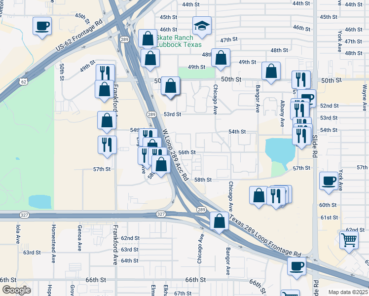 map of restaurants, bars, coffee shops, grocery stores, and more near 5550 56th Street in Lubbock