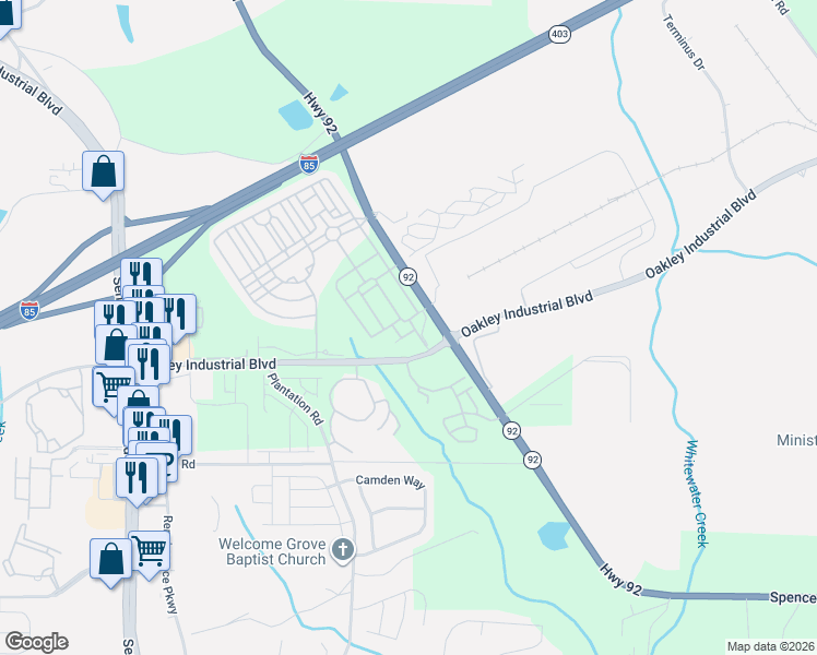 map of restaurants, bars, coffee shops, grocery stores, and more near 6003-6689 Spence Road in Fairburn