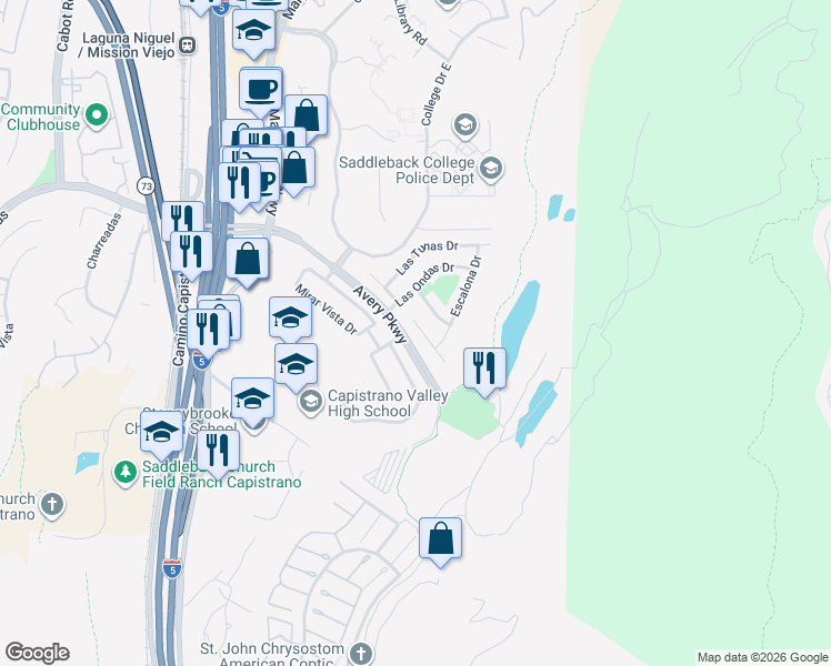 map of restaurants, bars, coffee shops, grocery stores, and more near 28841 La Lita Lane in Mission Viejo