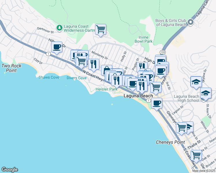 map of restaurants, bars, coffee shops, grocery stores, and more near 374 North Pacific Coast Highway in Laguna Beach