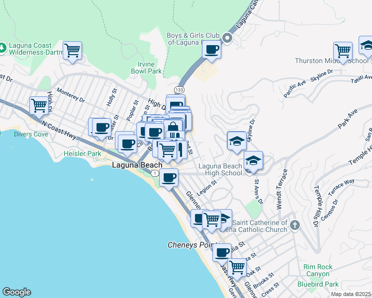 map of restaurants, bars, coffee shops, grocery stores, and more near 465 Forest Avenue in Laguna Beach