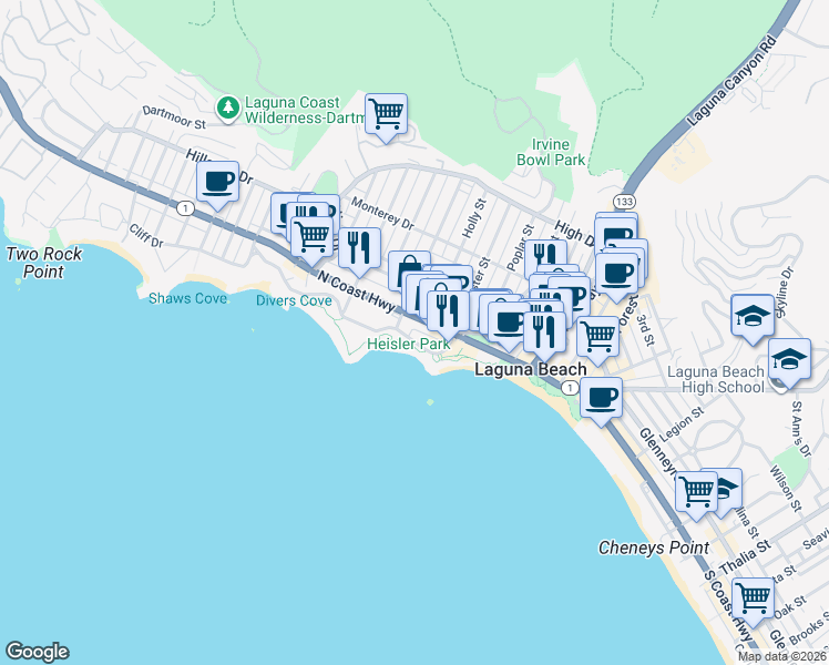 map of restaurants, bars, coffee shops, grocery stores, and more near 376 Cliff Drive in Laguna Beach