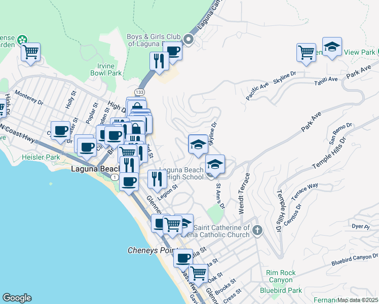 map of restaurants, bars, coffee shops, grocery stores, and more near 660 Virginia Park Drive in Laguna Beach