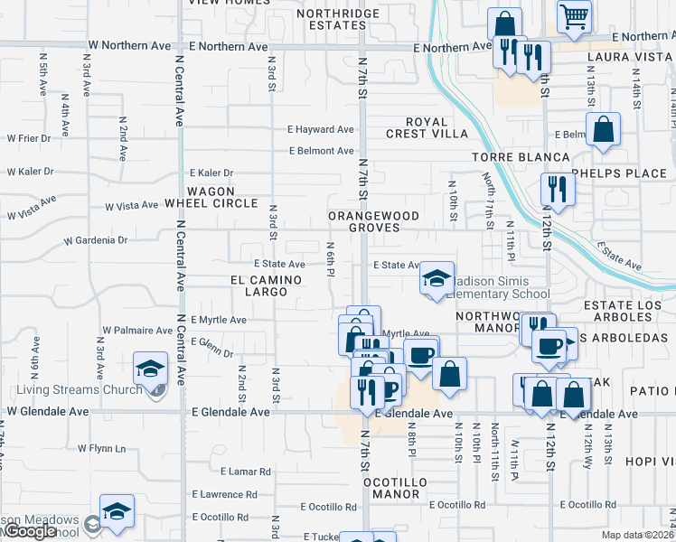 map of restaurants, bars, coffee shops, grocery stores, and more near 7301 North 6th Place in Phoenix