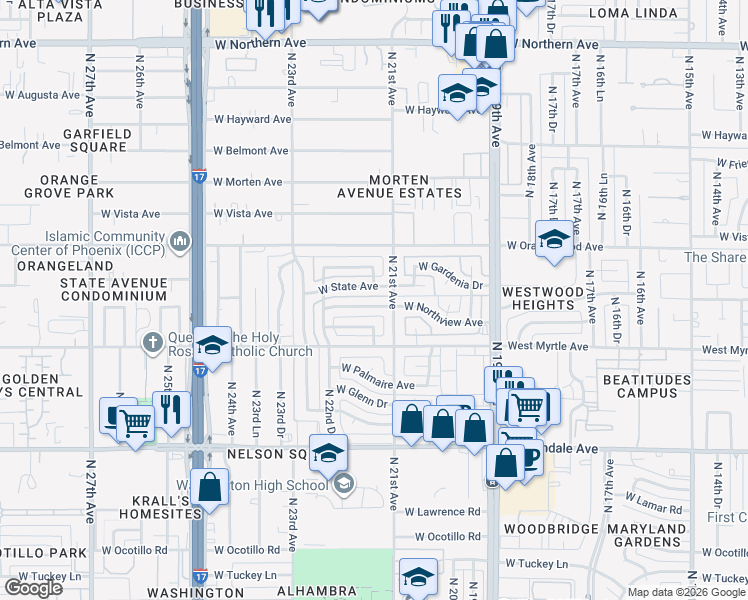 map of restaurants, bars, coffee shops, grocery stores, and more near 2132 West State Avenue in Phoenix