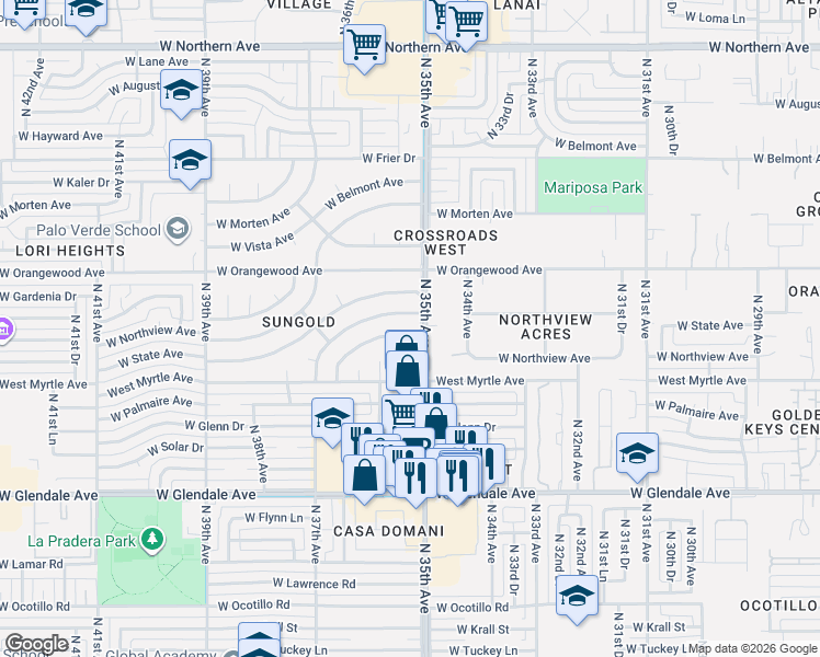 map of restaurants, bars, coffee shops, grocery stores, and more near 3526 West Gardenia Avenue in Phoenix