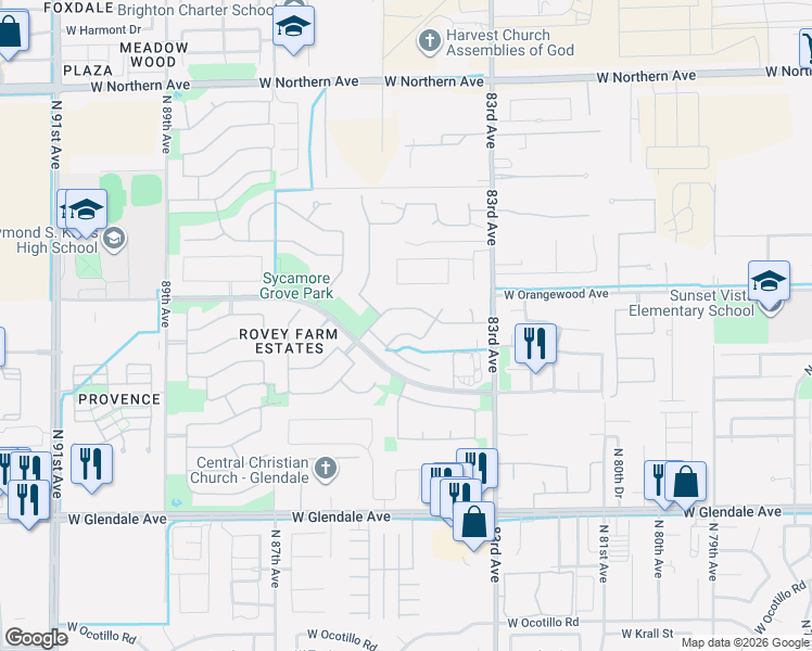 map of restaurants, bars, coffee shops, grocery stores, and more near 8404 West Gardenia Avenue in Glendale