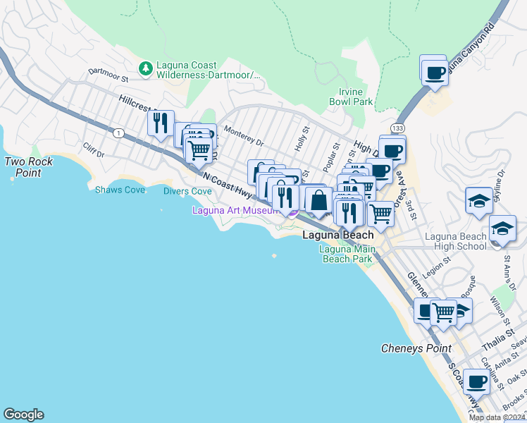map of restaurants, bars, coffee shops, grocery stores, and more near 374 North Pacific Coast Highway in Laguna Beach