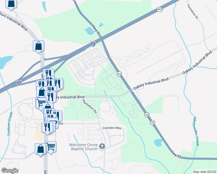 map of restaurants, bars, coffee shops, grocery stores, and more near 3591-7401 Highway 92 in Fairburn