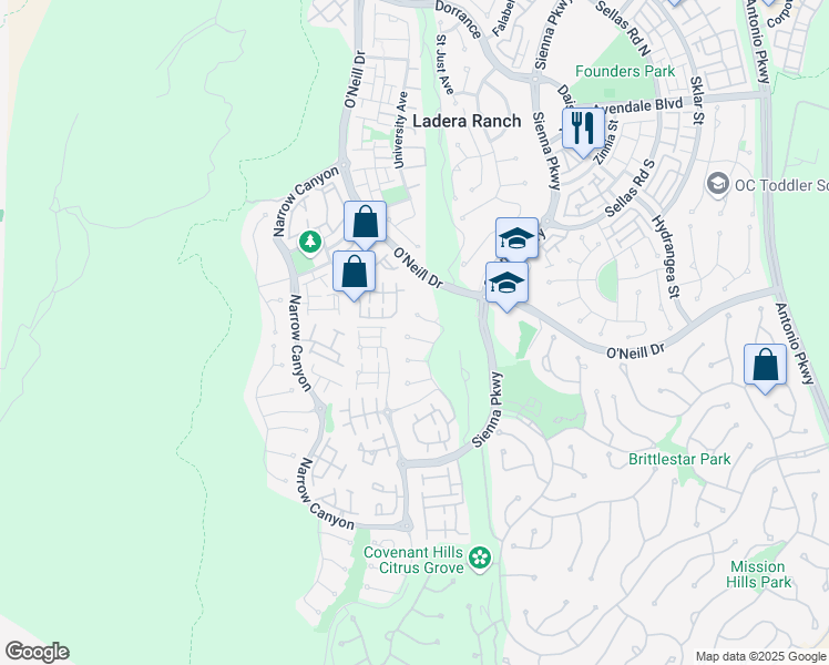 map of restaurants, bars, coffee shops, grocery stores, and more near 84 Hinterland Way in Mission Viejo