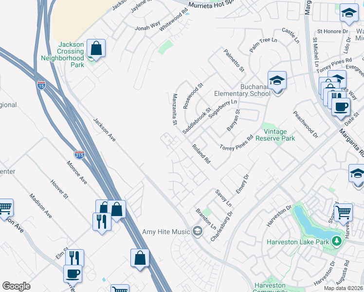 map of restaurants, bars, coffee shops, grocery stores, and more near 26308 Arboretum Way in Murrieta