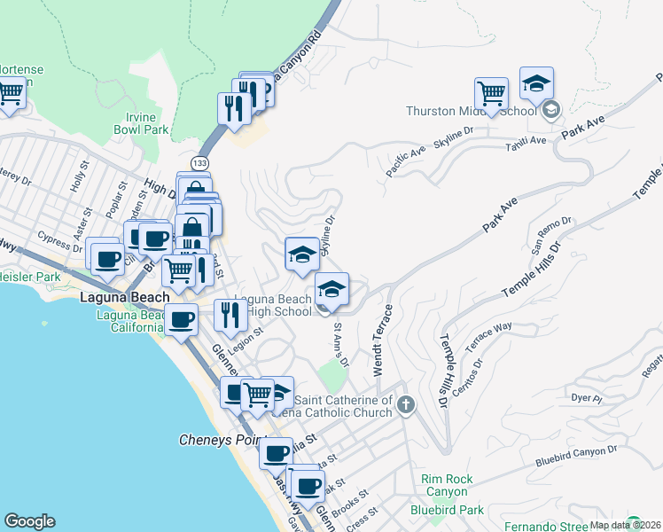 map of restaurants, bars, coffee shops, grocery stores, and more near 1061 Skyline Drive in Laguna Beach