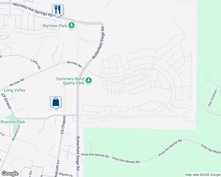 map of restaurants, bars, coffee shops, grocery stores, and more near 39438 Corvina Lane in Temecula