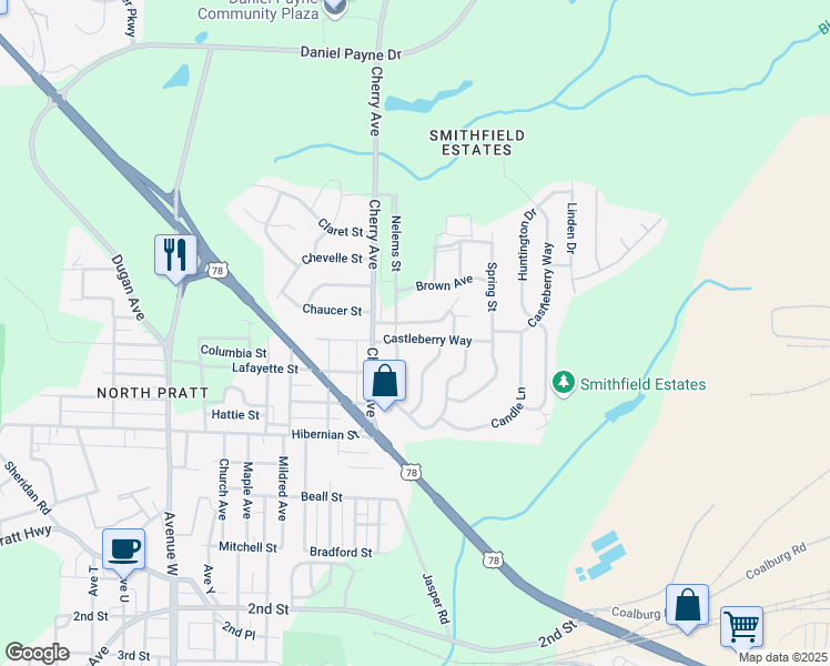 map of restaurants, bars, coffee shops, grocery stores, and more near 1624 Castleberry Way in Birmingham