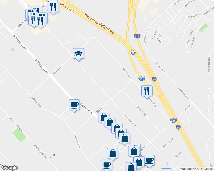 map of restaurants, bars, coffee shops, grocery stores, and more near 25930 Madison Avenue in Murrieta