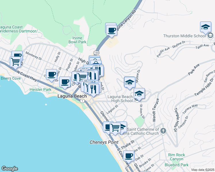 map of restaurants, bars, coffee shops, grocery stores, and more near in Laguna Beach