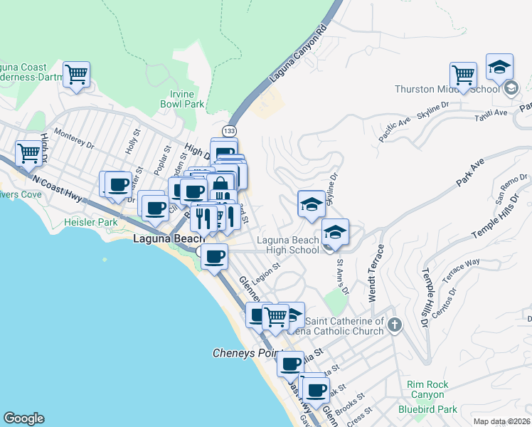map of restaurants, bars, coffee shops, grocery stores, and more near 330 Y Place in Laguna Beach