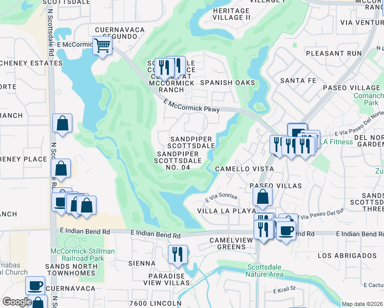 map of restaurants, bars, coffee shops, grocery stores, and more near 7731 East Bowie Drive in Scottsdale