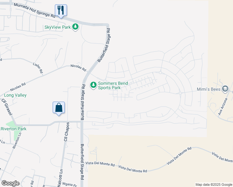 map of restaurants, bars, coffee shops, grocery stores, and more near 39438 Corvina Lane in Temecula