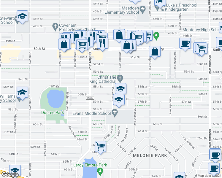 map of restaurants, bars, coffee shops, grocery stores, and more near 4301 55th Street in Lubbock