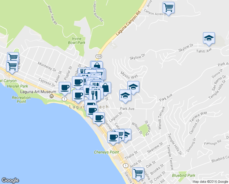 map of restaurants, bars, coffee shops, grocery stores, and more near 405 Blumont Street in Laguna Beach