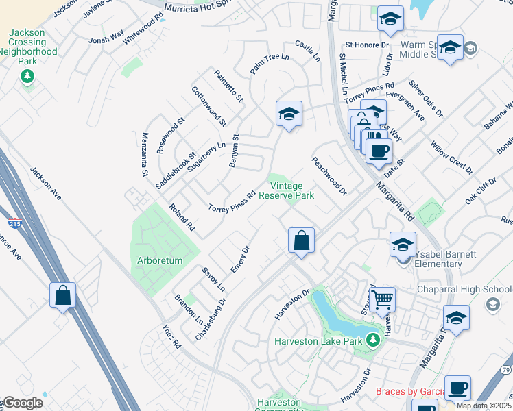 map of restaurants, bars, coffee shops, grocery stores, and more near 40215 North End Road in Murrieta
