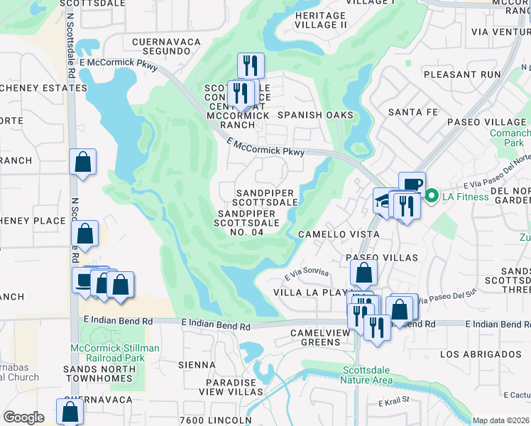 map of restaurants, bars, coffee shops, grocery stores, and more near 7731 East Bowie Drive in Scottsdale