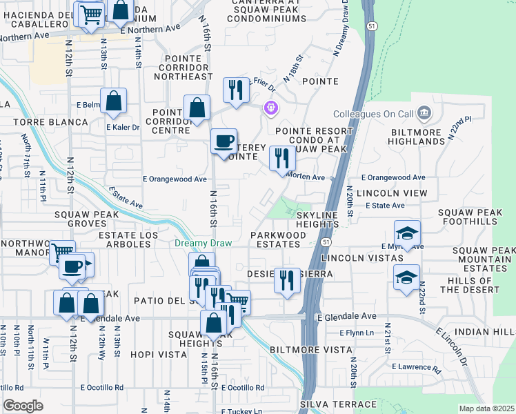 map of restaurants, bars, coffee shops, grocery stores, and more near 7323 North 16th Place in Phoenix