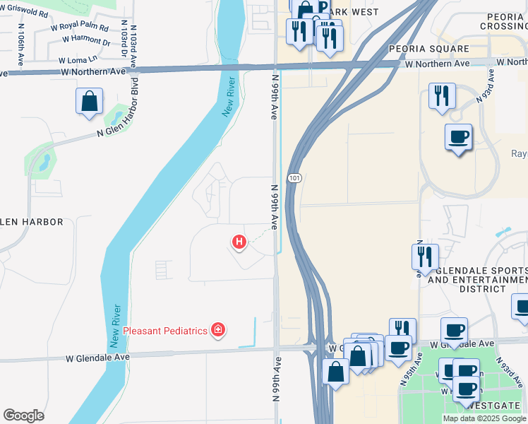 map of restaurants, bars, coffee shops, grocery stores, and more near 7439 North 99th Avenue in Glendale