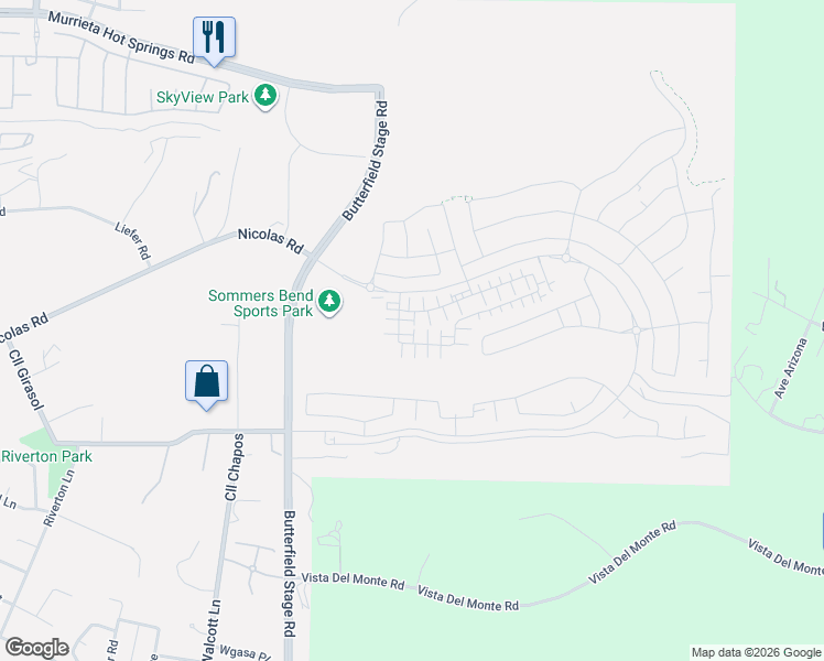 map of restaurants, bars, coffee shops, grocery stores, and more near Butterfield Stage Road in Temecula
