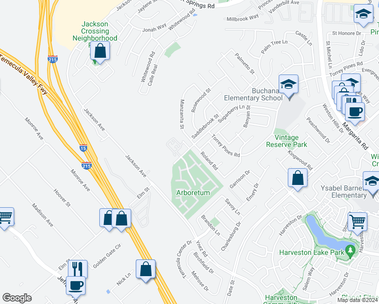 map of restaurants, bars, coffee shops, grocery stores, and more near 40483 Cambridge Street in Murrieta