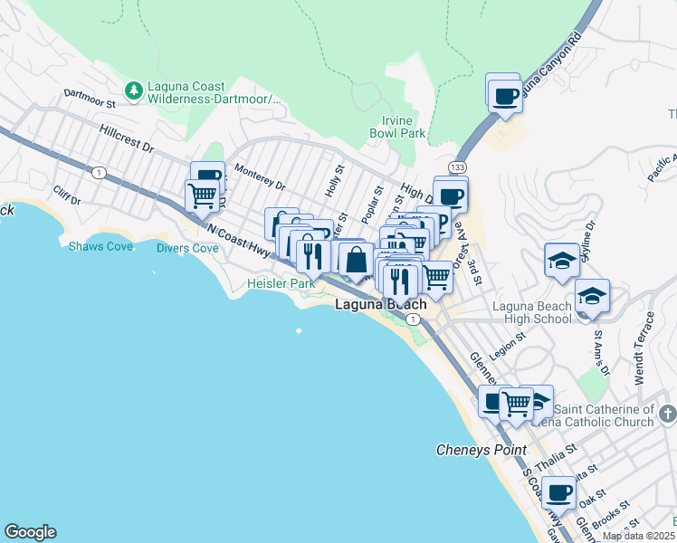 map of restaurants, bars, coffee shops, grocery stores, and more near 281 Cypress Drive in Laguna Beach