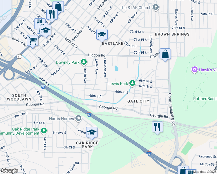 map of restaurants, bars, coffee shops, grocery stores, and more near 6937 67th Street South in Birmingham