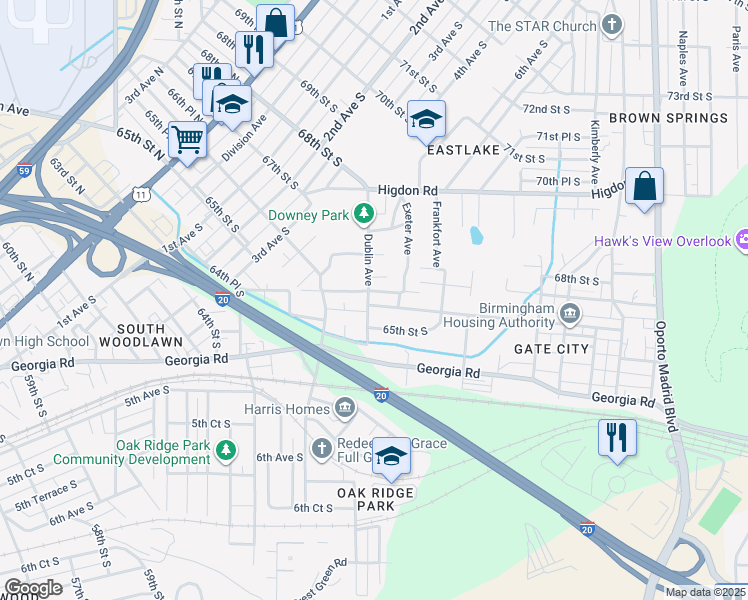 map of restaurants, bars, coffee shops, grocery stores, and more near 6801 Dublin Court in Birmingham