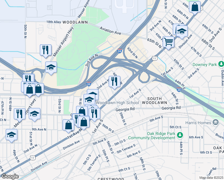 map of restaurants, bars, coffee shops, grocery stores, and more near 128 59th Street North in Birmingham