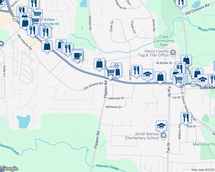 map of restaurants, bars, coffee shops, grocery stores, and more near 5047 North Henry Boulevard in Stockbridge