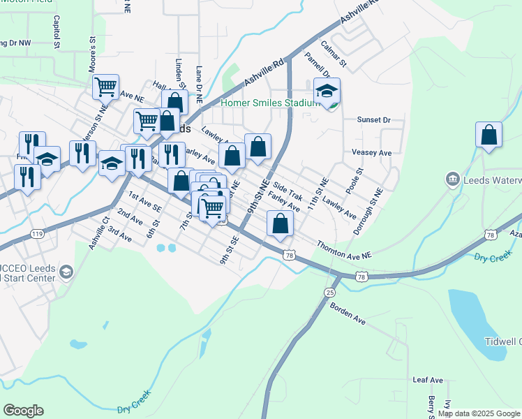 map of restaurants, bars, coffee shops, grocery stores, and more near 933 Thornton Avenue Northeast in Leeds