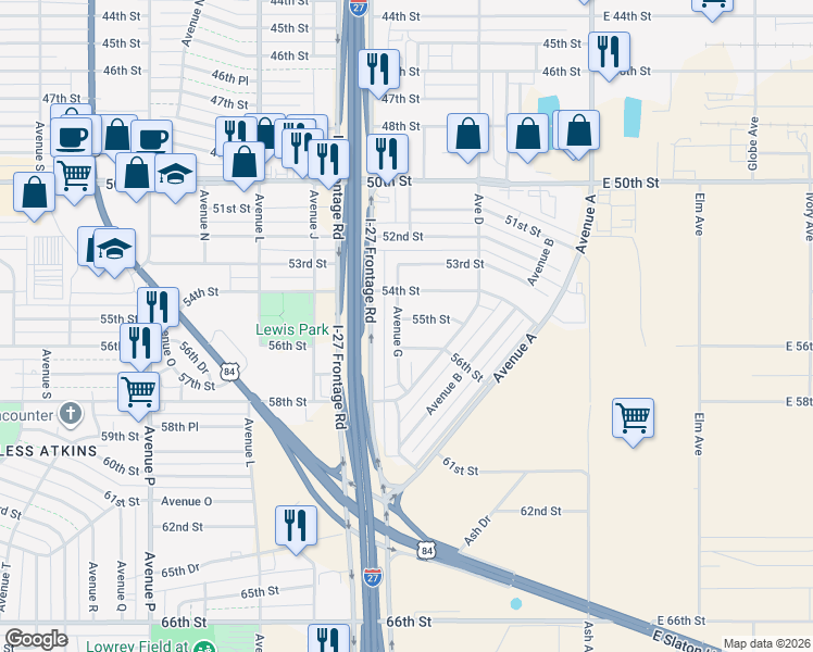 map of restaurants, bars, coffee shops, grocery stores, and more near 521 55th Street in Lubbock