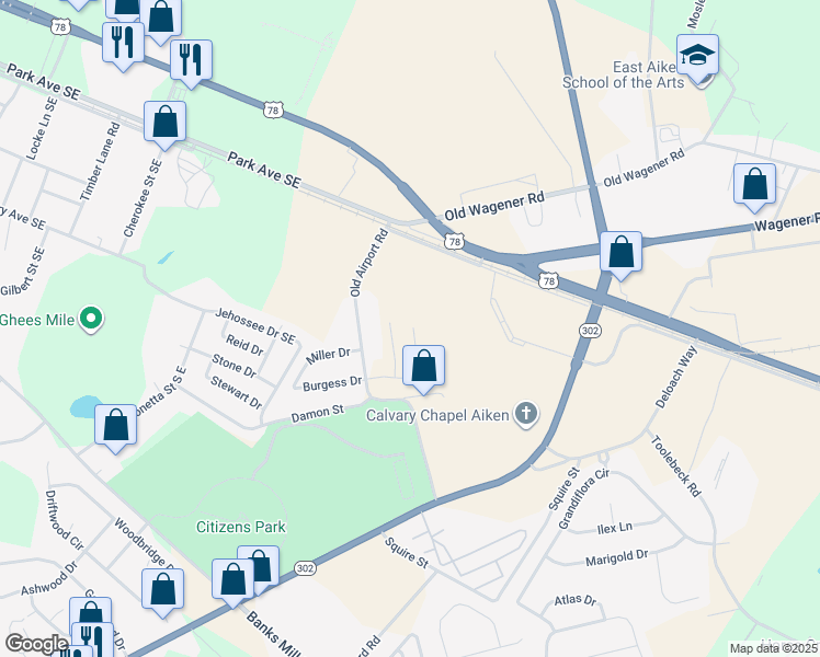 map of restaurants, bars, coffee shops, grocery stores, and more near 220 Old Airport Road in Aiken