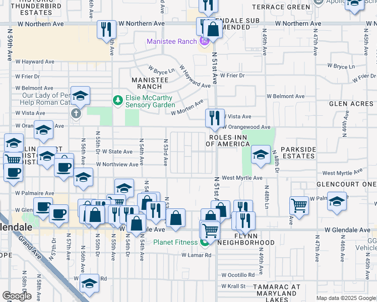 map of restaurants, bars, coffee shops, grocery stores, and more near 7300 D-Street in Glendale