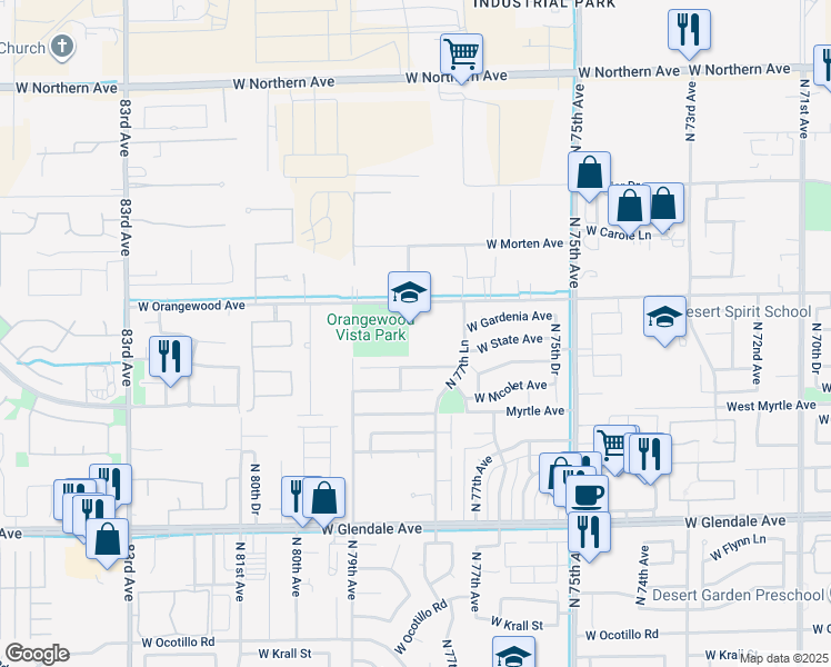 map of restaurants, bars, coffee shops, grocery stores, and more near 7775 West Orangewood Avenue in Glendale