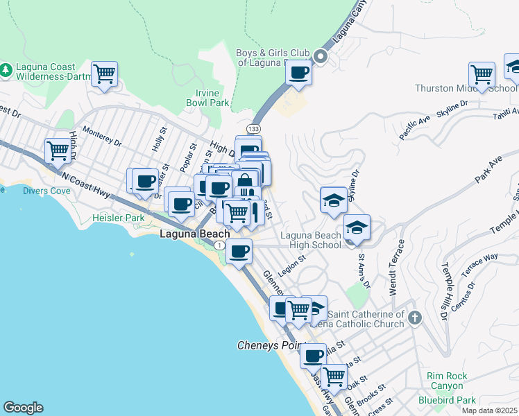 map of restaurants, bars, coffee shops, grocery stores, and more near in Laguna Beach