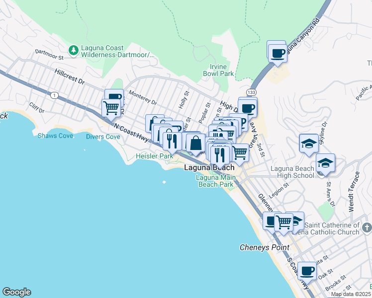 map of restaurants, bars, coffee shops, grocery stores, and more near 577 South Coast Highway in Laguna Beach